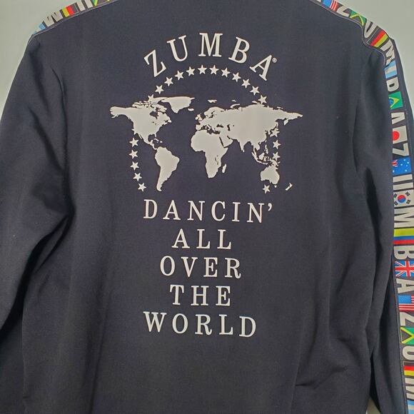 Zumba Dancin' All Over The World Full Zip Jacket Black Flags Fitness Size Medium - Picture 3 of 9